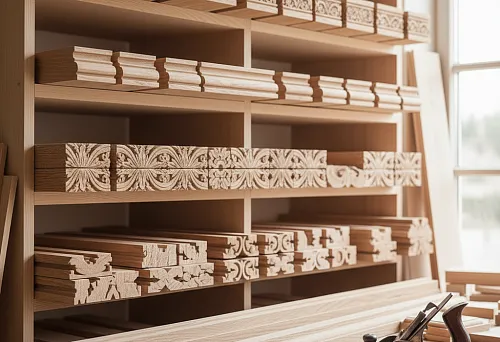 Погонаж из дуба с резным узором на полках в мастерской