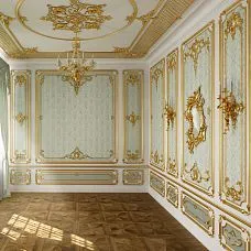 Резной наконечник на молдинг N-364.1L в классическом интерьере с молдингами, стеновыми панелями и резным декором