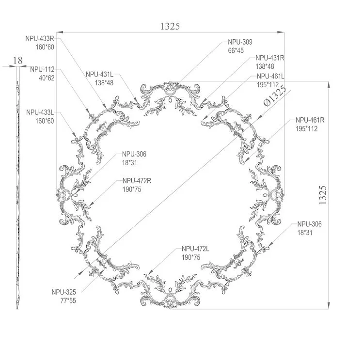 Полиуретановая розетка CPU-068 для лепнины на стенах и декоративного оформления потолков подробная схема