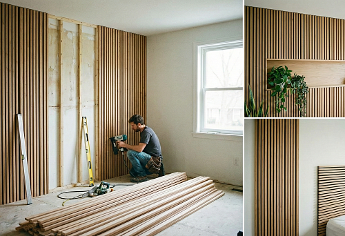 Монтаж деревянных реек на стену: специалист закрепляет панели.