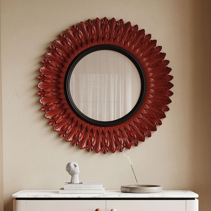 Резная рама RM-026 для зеркала из массива дерева в стиле неоклассика с многослойной резьбой в форме лепестков и солнца для гостиных и спален