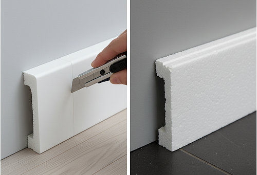 Сравнение плинтусов из экструдированного (XPS) и вспененного (EPS) полистирола на стене для выбора оптимального материала