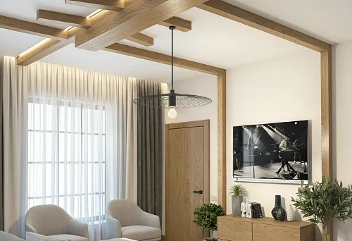 Современный интерьер спальни с декоративными деревянными балками