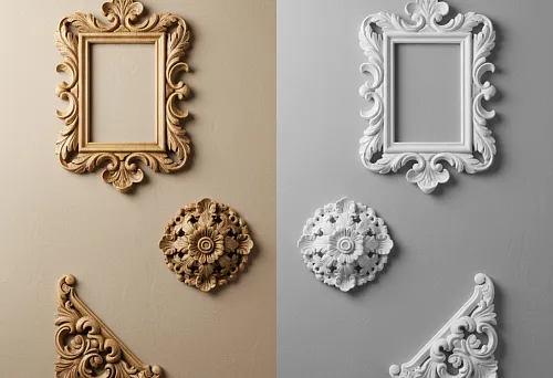 Декоративные аппликации с резными узорами и цветочными орнаментами.