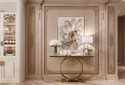 Российско-итальянская мебель в классическом интерьере с консольным столом и настенным декором