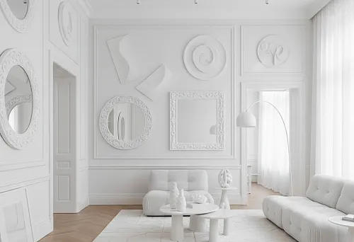 Белый интерьер без скуки: белые плинтусы, белые рамы и игра форм