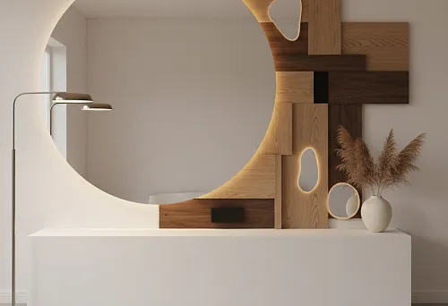 Домашний фотокорнер: акцентный плинтус, большое зеркало и декоративная стеновая композиция