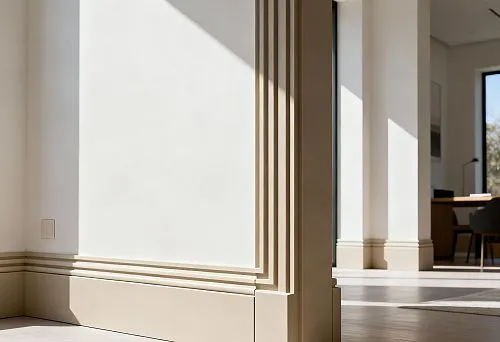 Высокие плинтусы из фитополимера в современном интерьере с чёткой геометрией и акцентом на архитектурные линии