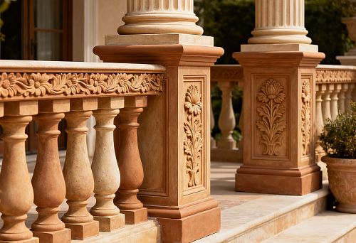 Резные элементы уличного декора на колоннах и балясинах фасада