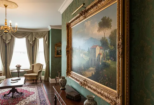 Интерьер гостиной с картиной в резном деревянном багете, подчеркивающем классический стиль и элегантность помещения