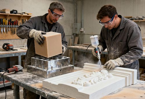 Процесс изготовления фасадного декора: мастера работают над формами и обработкой элементов