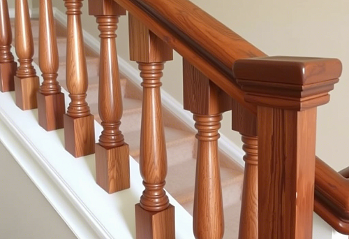  Деревянные балясины из бруса с квадратным основанием на лестничном ограждении