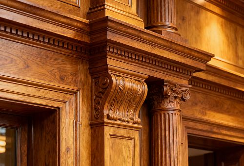 Фасадный декор из дерева с резными колоннами и классическим орнаментом