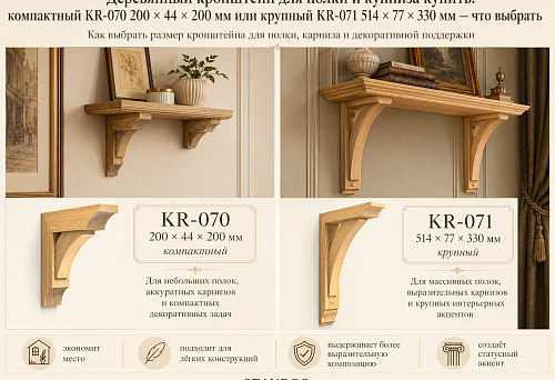 Деревянный кронштейн для полки и карниза купить: компактный KR-070 200 × 44 × 200 мм или крупный KR-071 514 × 77 × 330 мм — что выбрать