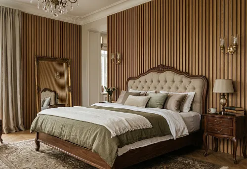 Реечные панели и классическая мебель для спальни: как объединить спокойствие, глубину материала и классическую выразительность