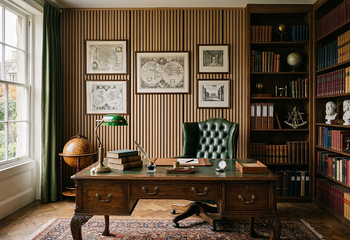 Реечные панели и классическая мебель для кабинета: как построить интерьер с весом, порядком и интеллектуальной глубиной