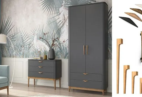 Современный интерьер с серой мебелью на деревянных ножках и акцентом на оригинальные мебельные ручки различных форм и оттенков