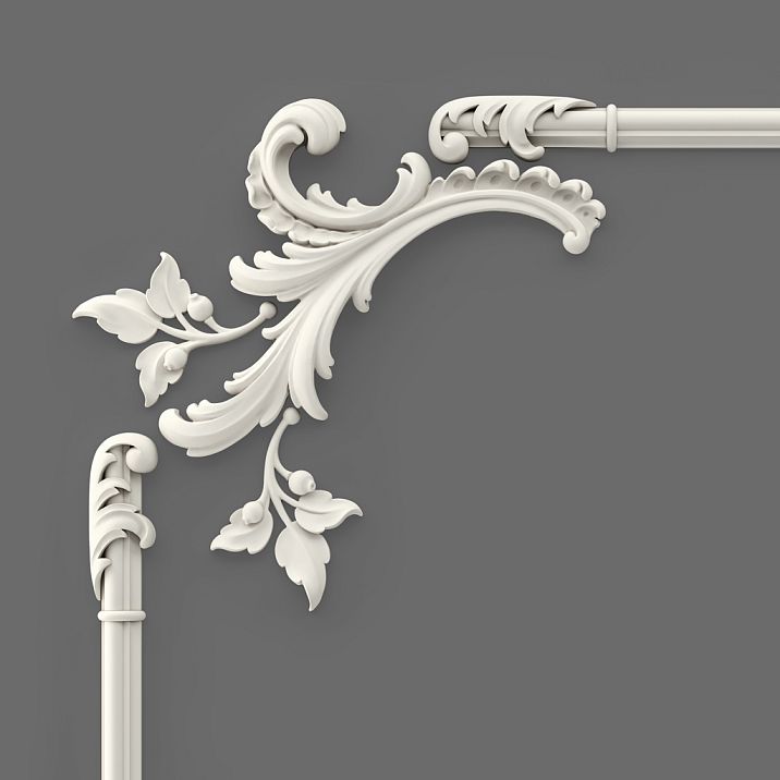 Фрагмент верхнего угла панели CPU-8-3 — растительный орнамент с листьями и завитками, детальная проработка рельефа полиуретана