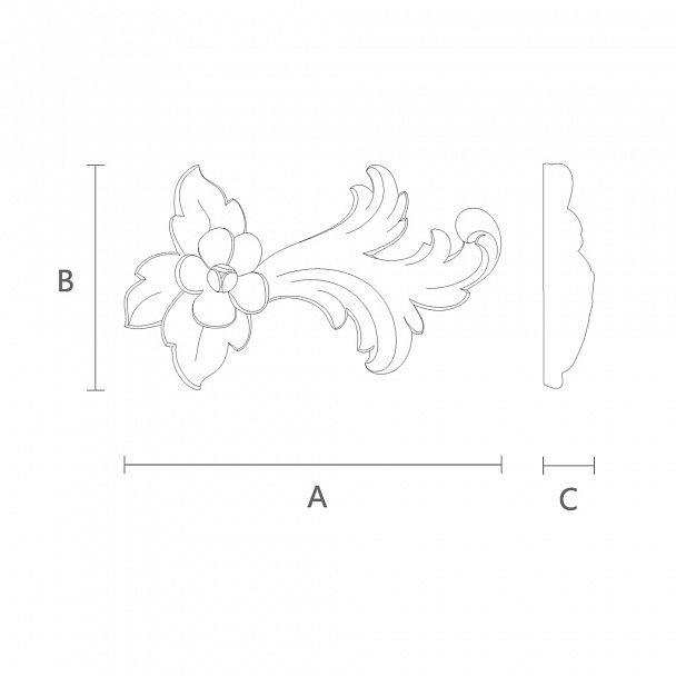 Накладной элемент из дерева с резьбой в виде веточки с листьями и цветками чертеж