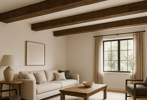 Уютная гостиная с потолком, оформленным фальш балками из тёмного дерева,