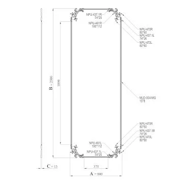 Комплект лепного декора CPU-8-3 «Летний сад» — широкая вертикальная панель с ботаническими угловыми завитками и тонкой рамкой на сером фоне