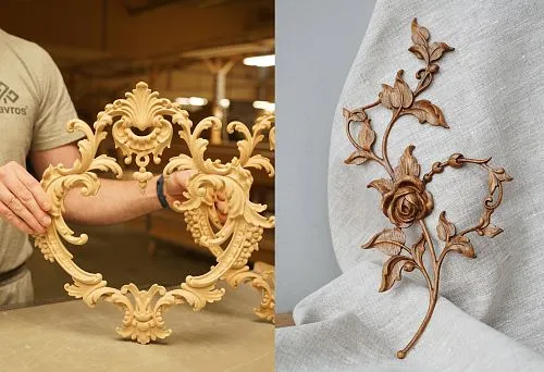 Резная деревянная накладка в форме цветочного узора на светлой ткани.