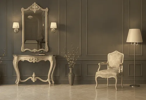 Классическая консоль с зеркалом и креслом в итальянском стиле в элегантном интерьере