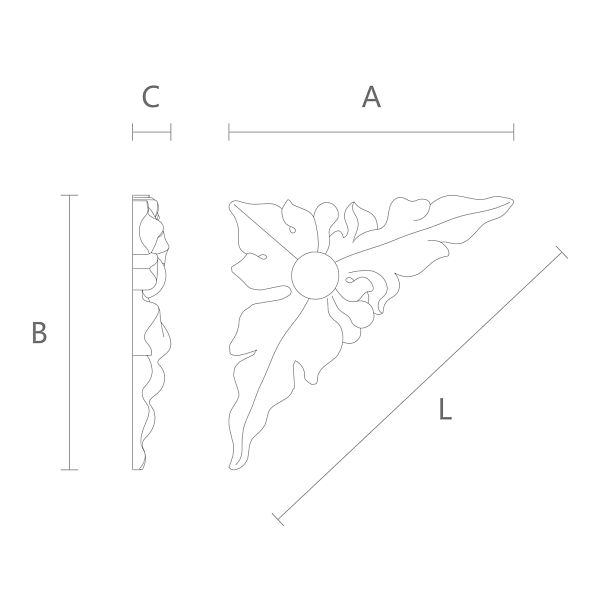 Угловая деревянная накладка с резным узором листьев, цветов и завитков N-226L чертеж
