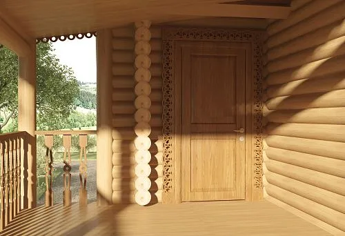 Вход в баню из оцилиндрованного бревна с традиционной отделкой