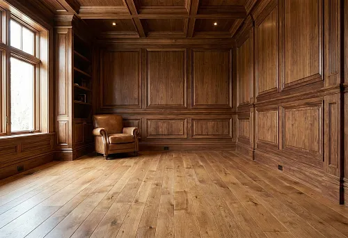 интерьер с деревянным плинтусом и стеновыми панелями из массива