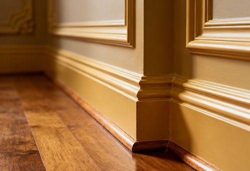 Деревянный напольный плинтус и полиуретановые молдинги, подчёркивающие чистый контур комнаты и создающие завершённый интерьер
