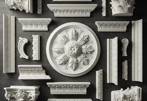 Набор декоративных элементов лепнины — розетки, молдинги, карнизы, кронштейны и капители с классическим рельефом