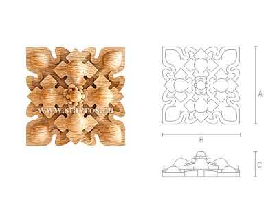 Деревянная розетка R-075 — квадратный готический элемент в виде сложного четырехлистника  Декор выполнен с высокой степенью детализации и роскошно смотрится даже в одиночном варианте в проекте