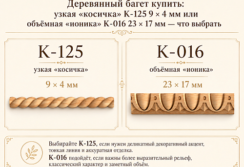 Деревянный багет купить: узкая «косичка» K-125 9 × 4 мм или объёмная «ионика» K-016 23 × 17 мм — что выбрать