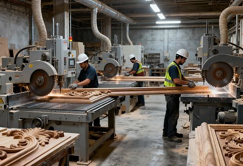 Рабочие на фабрике фасадного декора за производством архитектурных элементов