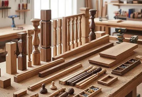 Набор деревянных комплектующих для лестницы — балясины, столбы, поручни и крепёжные элементы на столярном верстаке