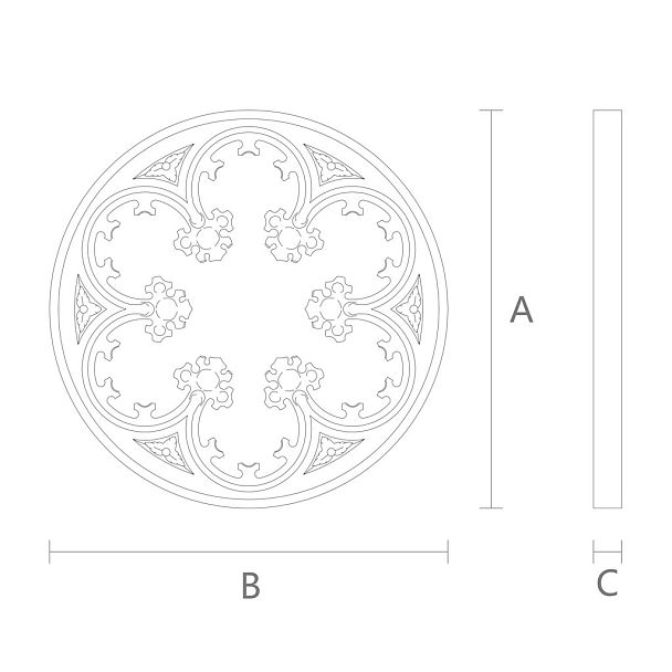 Резная розетка R-076 — круглый прорезной элемент в готическом стиле с использованием орнамента масверка  Декор роскошно смотрится в арочных проемах в сочетании со стеклом