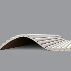 Реечная панель PAN-002 в интерьере спальни, изогнутая стеновая панель бордового цвета у тумбы