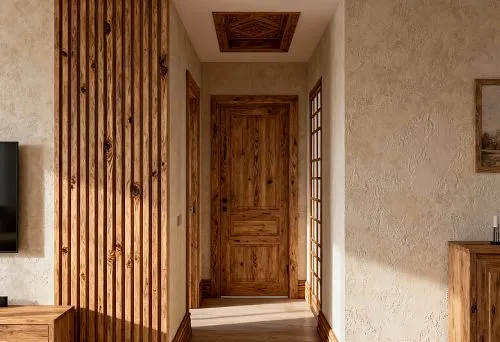 Современный интерьер квартиры в русском стиле с деревянными реечными панелями, высокими плинтусами и дверями из массива