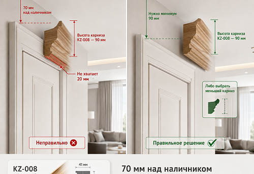 Высокая дверь почти до потолка: хватит ли 70 мм над наличником для деревянного карниза KZ-008 высотой 90 мм