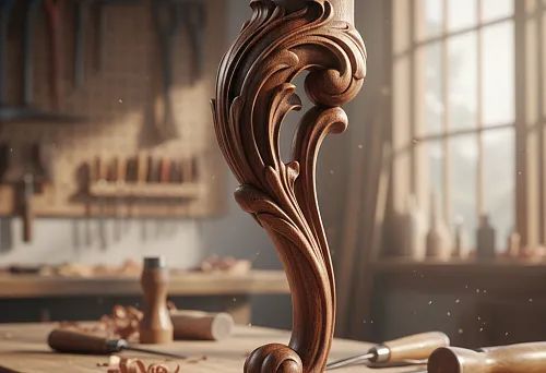 Резная мебельная опора для стола из тёмного дерева с плавными линиями и декоративными завитками