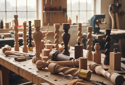 Разнообразные мебельные ножки и опоры из дерева на рабочем верстаке — конусные, резные, цилиндрические и винтовые модели