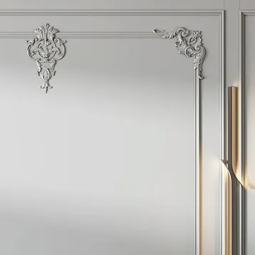 Молдинг полиуретановый MLDPU-003 STAVROS — 3D-вид профиля с размерами сечения 35×12 мм, белый цвет, многоярусный рельеф, материал полиуретан