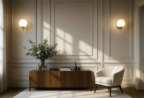 Классический интерьер с деревянной тумбой, светлым креслом и молдингами на стенах в солнечном свете