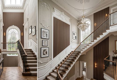 Лепной декор и деревянные рейки для лестничного холла: как оформить высокие стены и переходы