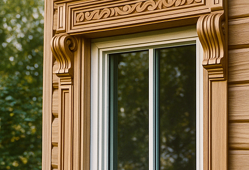 Обрамление окна из дерева с резными наличниками и карнизом.