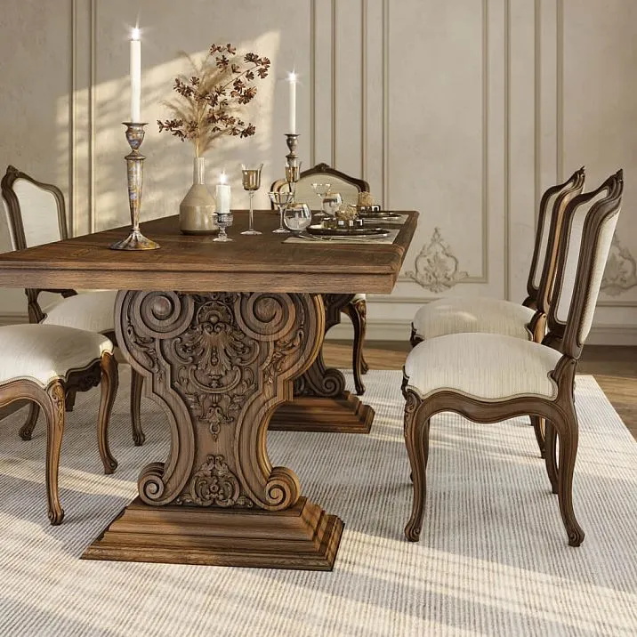 Неокрашенная резная ножка MN-244 из дуба размером 740×650×337 мм с глубоким рельефом для элитных обеденных столов