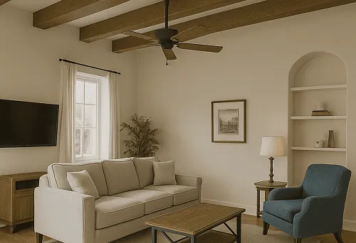 Потолок с декоративными деревянными балками в уютной современной гостиной