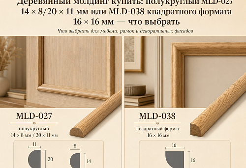 Деревянный молдинг купить: полукруглый MLD-027 14 × 8/20 × 11 мм или MLD-038 квадратного формата 16 × 16 мм — что выбрать
