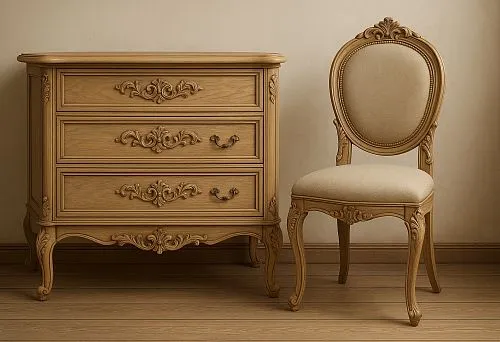 : классический деревянный комод с резным декором и элегантный стул с мягкой обивкой — пример мебели, подходящей для презентации и успешной продажи